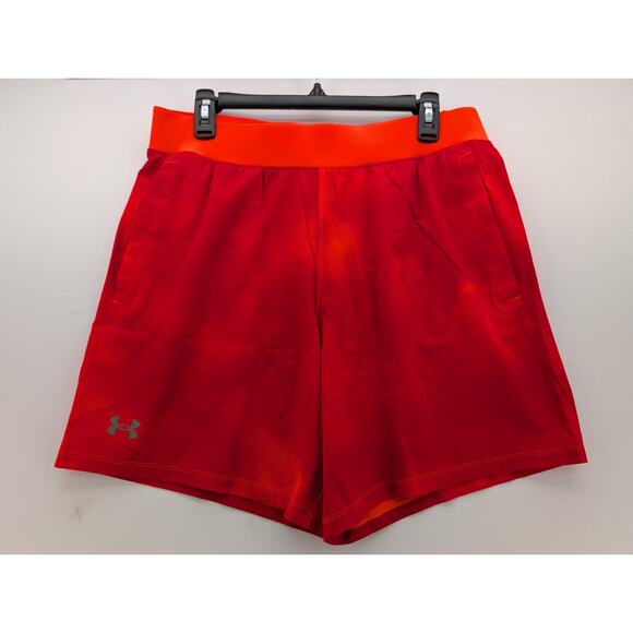 NWT Under Armour Men's UA Speedpocket 7'' wash Shorts in Pheonix Fire size Large
